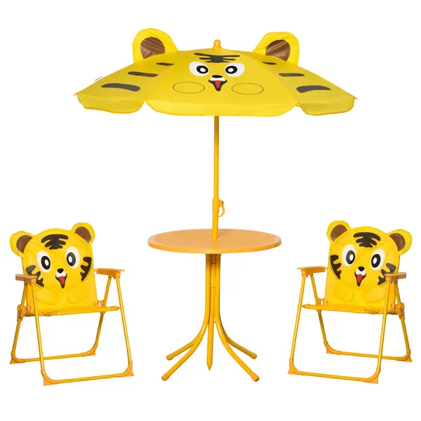 Outsunny Set de Grădină 4 Piese pentru Copii cu Model Tigru și Măsuță Rotundă, 2 Scaune Pliabile și o Umbrelă Reglabilă, Măsuță cu Scaune pentru Copii 3-6 Ani de Exterior, Galben | Aosom Romania