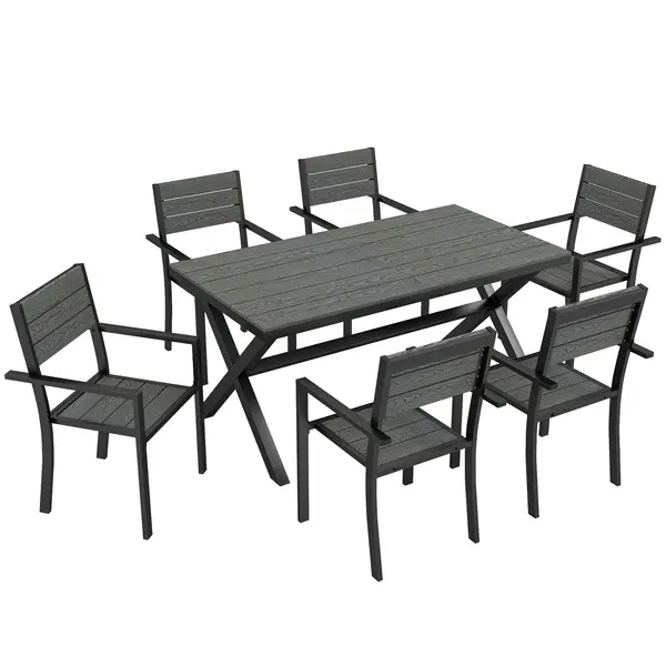 Outsunny Set de Masă pentru Exterior 7 Piese pentru 6 Persoane, Masă și Scaune Stivuite cu Lamele Efect Lemn, Cadru din Aluminiu, Gri | Aosom Romania