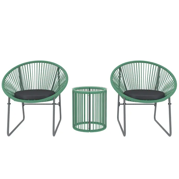 Outsunny Set de mobilier de exterior cu 3 piese, 1 masă, 2 scaune, placă de masă din sticlă, poliratan plastic înfășurat în cadre de oțel, perne moi, Verde | Aosom Romania