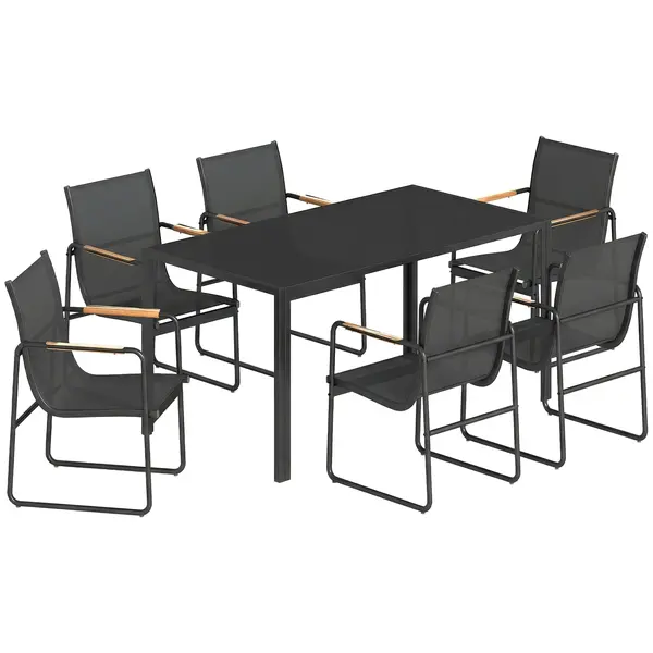 Outsunny Set Masă și Scaune de Grădină 7 Piese, Set Prânz Exterior cu Masă din Sticlă Temperată, 6 Scaune din Texteline Respirabil, Cotiere Decorative, Structură din Oțel pentru Terasă Balcon, Negru | Aosom Romania