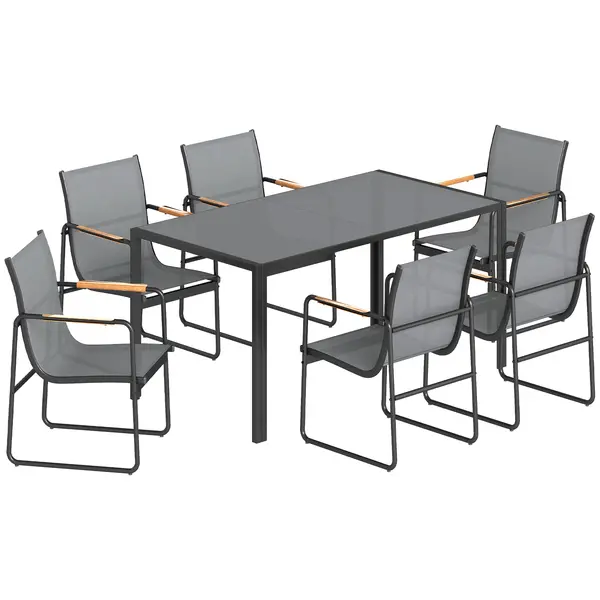 Outsunny Set masă și scaune pentru grădină cu masă din sticlă securizată și 6 scaune respirabile pentru terasă/patio, gri | Aosom Romania