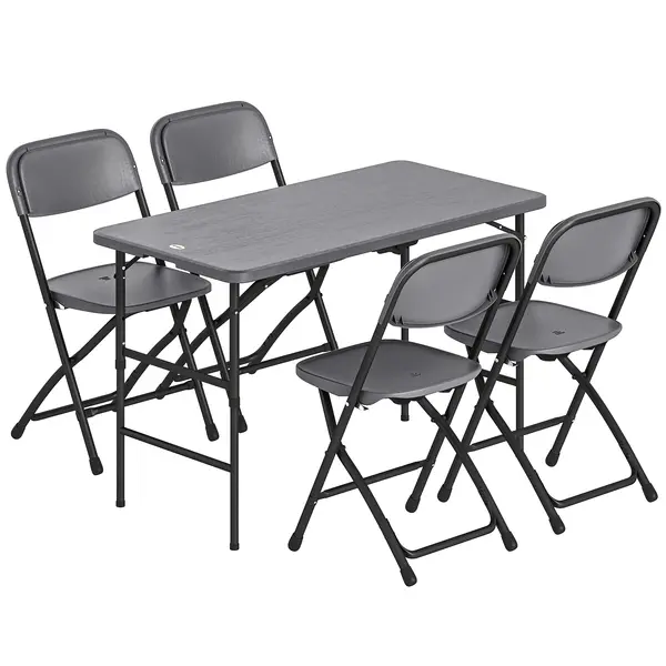 Outsunny Set Masă și Scaune Pliabile de Grădină, 5 Piese, Masă Reglabilă cu Blat HDPE Efect Lemn și 4 Scaune, Set Mobilier Exterior pentru Terasă și Balcon, Gri Închis | Aosom Romania