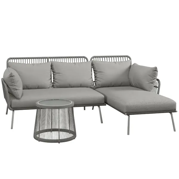 Outsunny Set Mobilier de Grădină din 3 Piese cu Canapea, Şezlong cu Perne şi Măsuţă, 125x77x82 cm, Gri Deschis | Aosom Romania