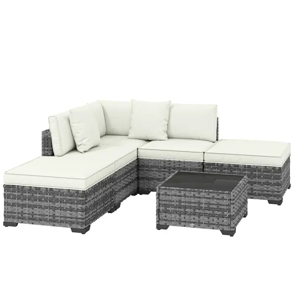 Outsunny Set Mobilier de Grădină din Ratan, 6 Piese, Fotoliu Colțar, Canapele fără Brațe, Suporturi pentru Picioare și Măsuță, Gri Amestecat | Aosom Romania