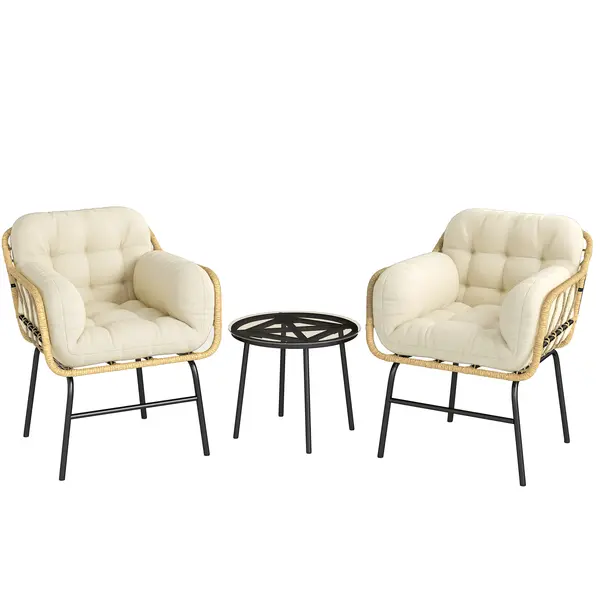 Outsunny Set mobilier exterior 3 piese din rășină împletită, masă din sticlă securizată, 2 fotolii cu perne, 62x73x79cm, Kaki | Aosom Romania