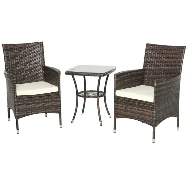 Outsunny Set Mobilier Gradina din Ratan 2 Fotolii Terasa si Masa de Cafea in Sticla cu Perne Decorative, 48x48x60cm Maro | Aosom.ro | Aosom Romania