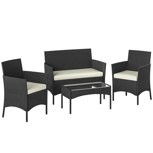Outsunny Set Mobilier Grădină din Ratan Sintetic cu Canapea, Fotolii și Masă din Sticlă Securizată și Perne Negru și Crem | Aosom Romania