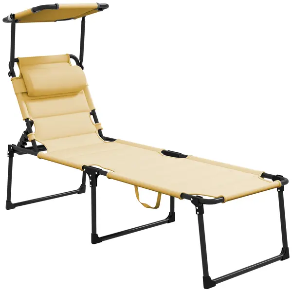 Outsunny Șezlong pliabil cu copertină, perniță reglabilă pentru cap din țesătură Oxford 70 x 200 x 45 cm crem | Aosom Romania