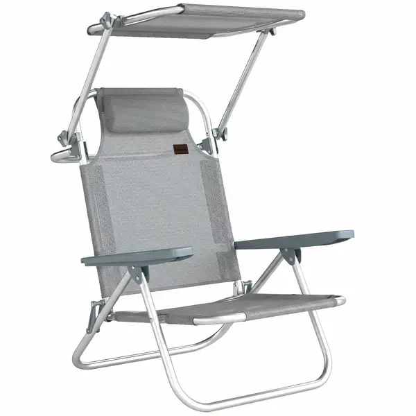 Outsunny Șezlong Reclinabil cu 6 Nivele, Copertină Reglabilă și Tetieră, din Aluminiu și Plasă, 62x68x79, Gri | Aosom Romania