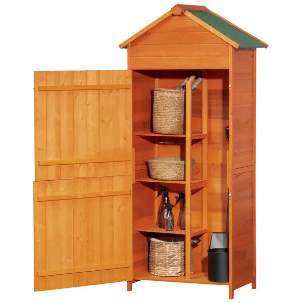 Outsunny Sopron de Gradina din Lemn cu 2 Usi, Dulap de Exterior Depozitare Unelte cu 3 Rafturi, 84x52x188cm