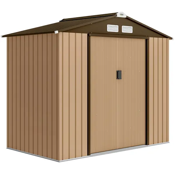 Outsunny Șopron de grădină exterior 2,42 m² 213x130x185 cm cu ușă culisantă, ventilație și kit de fundație, galben | Aosom Romania