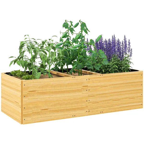 Outsunny Strat de Grădină Înălțat și Adânc cu 3 Zone de Creștere și Strat de Protecție, 140x60x40 cm, Lemn Natural | Aosom Romania