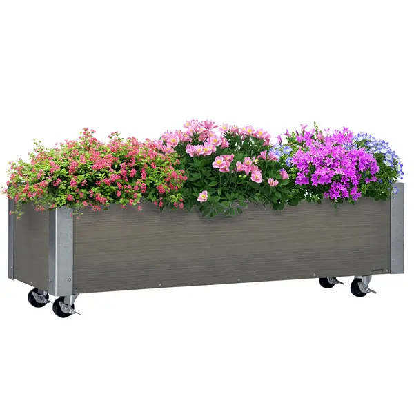 Outsunny Strat Înălțat de Grădină cu Roți, Frână și Strat din Nețesut cu Orificii de Drenaj, 96x30.6x30 cm, Gri Deschis | Aosom Romania