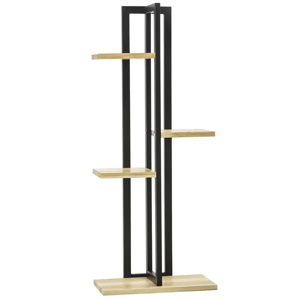 Outsunny Suport pentru Plante cu 4 Etaje din Lemn de Brad și Metal, 45x25x110 cm, Negru | Aosom Romania