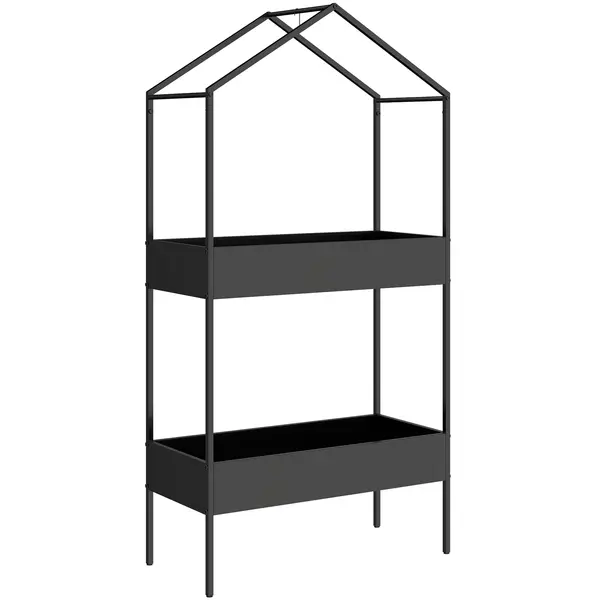 Outsunny Suport plante 2 niveluri în formă de casă, înalt 150 cm, suport flori cu cârlig, metal, Negru | Aosom Romania