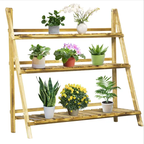 Outsunny Suport Pliabil pentru Plante din Lemn de Brad cu 3 Nivele, 100x37x93 cm, Lemn Natural | Aosom Romania