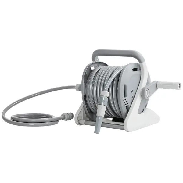 Outsunny Tambur furtun udare montat pe perete 20+2 m x Ø 15 mm, Devidor portabil pentru furtunuri, Duză cu 2 moduri, Gri | Aosom Romania