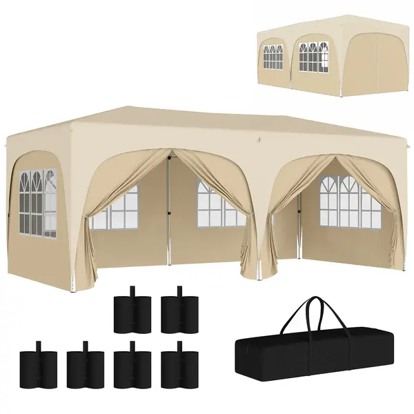 Outsunny Tonelă pliabilă 3 x 6 m Pop Up, UPF50+ Înălțime reglabilă, cu sac de transport și saci de nisip, Bej | Aosom Romania