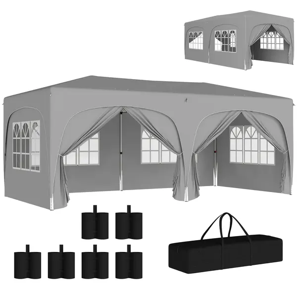Outsunny Tonelă pliabilă 3 x 6 m Pop-Up, UPF50+ Înălțime reglabilă, cu sac de transport și saci de nisip, gri deschis | Aosom Romania