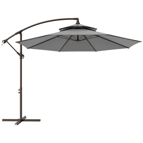 Outsunny Umbrelă Ampelschirm Ø2,67 x 2,45 m Cu Manivelă și Acoperiș Dublu Bază în Formă de Cruce Oțel Protecție Solară Poliester Oțel Gri deschis | Aosom Romania
