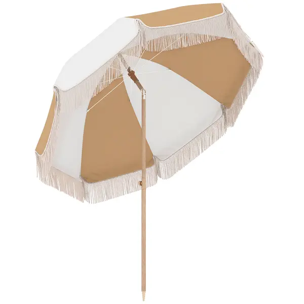 Outsunny Umbrelă de plajă cu franjuri Ø175 cm Umbrelă pentru terasă exterioară cu înălțime reglabilă Înclinare 30° Alb și Bej | Aosom Romania