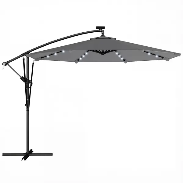 Outsunny Umbrelă Excentrică cu Lumină LED Solară 330x295 cm Umbrelă cu Bază Încrucișată Manivelă Husă Protectoare Gri Închis | Aosom Romania