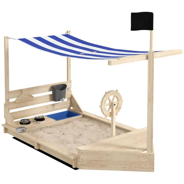 Outusunny Nisipar din Lemn pentru Copii cu Capac, Ladă de Nisip pentru Exterior cu Set de Joacă Inclus, 180x103x144,5 cm, Lemn Natural | Aosom Romania