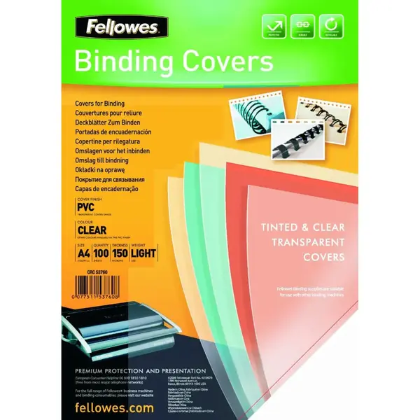 Pachet 10 buc coperti plastic Fellowes A4 150 microni transparent 100 bucati/top Coperti plastic Fellowes A4 150 microni transparent 100 bucati/top