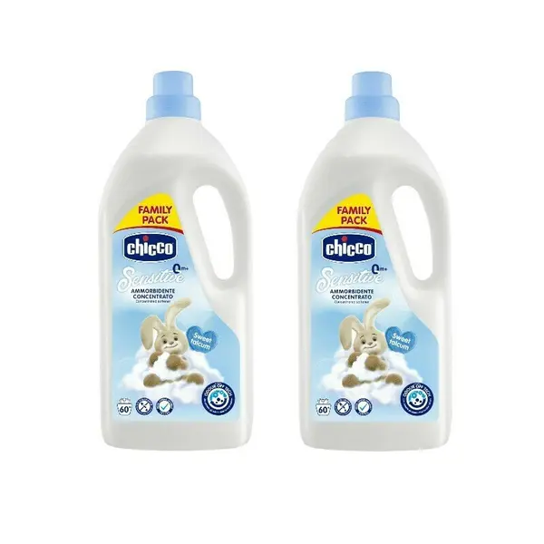 Pachet 2x balsam concentrat pentru haine, Chicco, fara coloranti si substante nocive, testat dermatologic, 60 de spalari, Sweet Talcum, 0 luni+, 1.5L