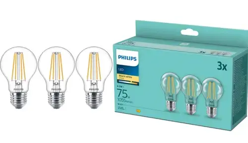 Pachet 3 becuri LED filament Philips, A60, E27, 8.5W (75W), 1055 lm, lumina alba calda (2700K)