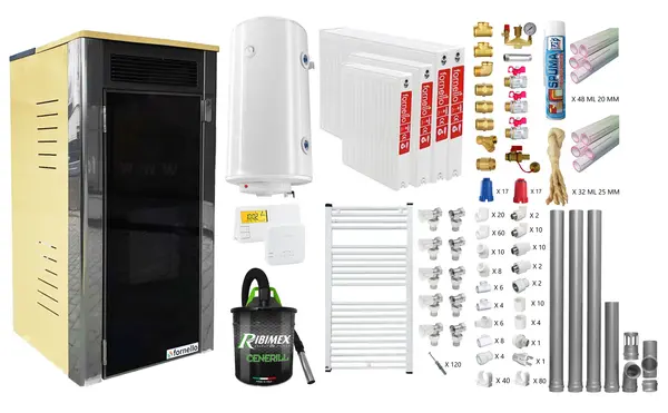 Pachet 3 camere, termoșemineu Fornello Primo Truva 25 kW Ivory, pompa de circulatie, vas de expansiune, supape de siguranta, curatare mecanica creuzet, Boiler, kit evacuare, Termostat, Aspirator, Fitinguri si teava PPR