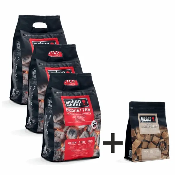 Pachet 3 saci bricheti Weber de 3kg + cuburi de aprindere Weber pentru gratar
