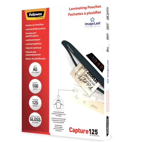 Pachet 5 buc folie laminat Fellowes A5 125 microni 100 bucati/top Folie laminat Fellowes A5 125 microni 100 bucati/top