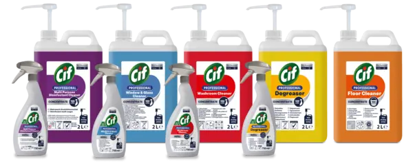 Pachet 5 canistre x 2L Cif Pro Formula solutie concentrata include cadou 6 pulverizatoare si 5 pompe dozatoare Pachet PROMO Cif Pro Formula 6 canistre solutie concentrata cu dozator