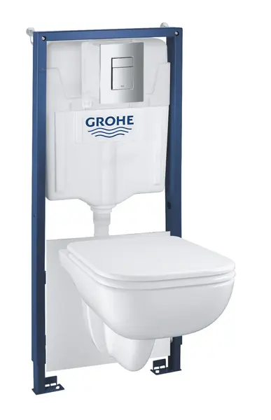 Pachet 5in1 WC Grohe Solido Edge 39817000, cadru, WC suspendat, rimless, SoftClose, elemente montaj, placa actionare crom, alb