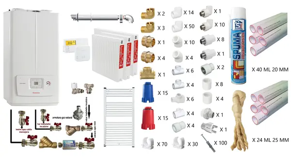 Pachet apartament cu 2 camere, centrala termica pe gaz in condensare Immergas Victrix Omnia V2 26, condensatie, 20 kW incalzire, 26 kW preparare apa calda, termostat, kit de evacuare inclus, calorifere otel, teava PPR si fitinguri, kit armaturi