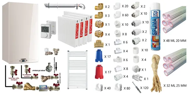 Pachet apartament cu 3 camere, centrala termica in condensatie Ariston HS Premium EU2 24, termostat, kit evacuare inclus, calorifere otel, teava PPR si fitinguri, kit armaturi centrala, robineti calorifer