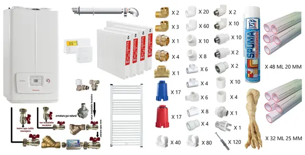 Pachet apartament cu 3 camere, Immergas Victrix Omnia V2 26, condensatie, 20 kW incalzire, 26 kW preparare apa calda, kit de evacuare inclus, calorifere otel, teava PPR si fitinguri, kit armaturi