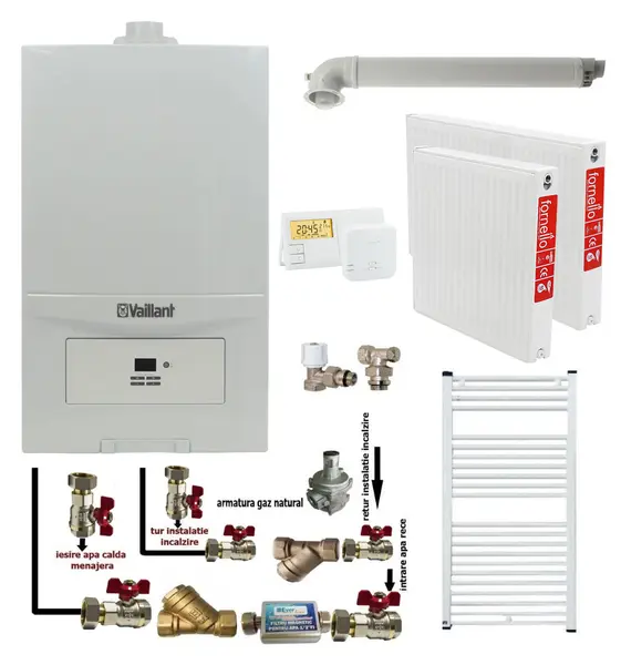 Pachet apartament cu o camera, Centrala termica in condensatie Vaillant ecoTEC Pure VUW 236/7-2, 23 kw, murala, afisaj digital, schimbator caldura inox, kit de evacuare, calorifere otel, termostat si fitinguri montaj