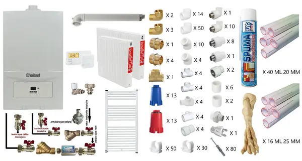 Pachet apartament cu o camera, Centrala termica in condensatie Vaillant ecoTEC Pure VUW 236/7-2, 23 kw, murala, afisaj digital, schimbator caldura inox, kit de evacuare, calorifere otel, termostat, teava PPR si fitinguri montaj