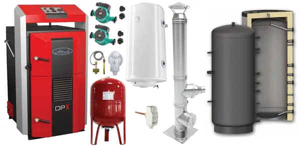 Pachet basic Cazan (centrala) pe combustibil solid, Attack DPX Standard cu gazeificare, 45 kW, Puffer 1000 litri, cos inox, boiler, vas expansiune, 2 pompe circulare, vana sts, termostat imersie si termostat contact