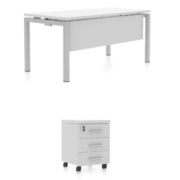 Pachet birou alb Radical PAL 140x70x75 cm si rollbox cu 3 sertare Pachet birou radical cu rollbox alb