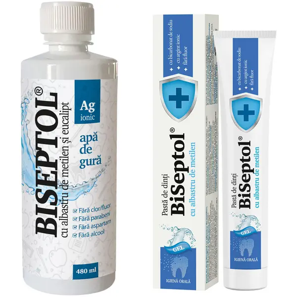 Pachet BiSeptol Apa de Gura cu Albastru de Metilen si Eucalipt 480ml + Pasta de Dinti cu Bicarbonat de Sodiu si Argint Ionic 75ml