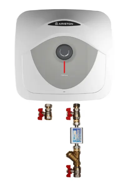 Pachet Boiler electric Ariston Andris RS 10 EU, 10 l, 1200 W, Led iluminat, Protectie electrica IPX1, Montare deasupra chiuvetei, Reglaj extern de temperatura, supapa siguranta si kit de montaj inclus