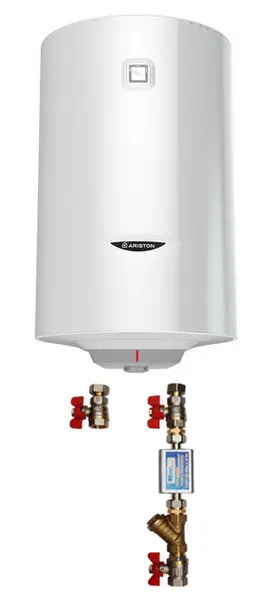 Pachet Boiler termoelectric Ariston PRO1 R 80 VTS 1.8K, 1800W, serpentina pe partea stanga, supapa siguranta si kit de montaj inclus