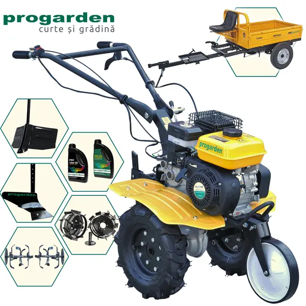 Pachet Campo 703 Motocultor 7CP + Remorca RM500C + Plug simplu + Plug bilonat/rarita + 2 Roti metalice 350x6 + 2L Ulei, PROGARDEN