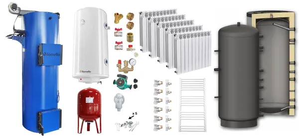 Pachet Cazan (centrala) pe combustibil solid tip lumanare Fornello Turbo 50 kW, Puffer 800 litri, Calorifere Aluminiu Fornello Alvo, Boiler, Vas Expansiune, Pompa, Fitinguri Montaj