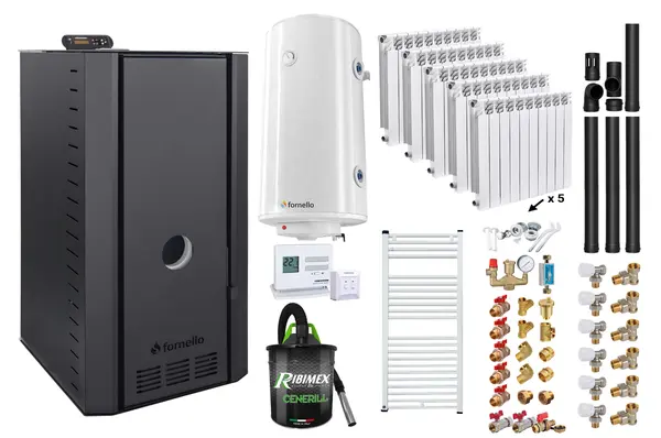 Pachet cazan pe peleti Fornello SERENA B, 25 kw, complet echipat cu pompa, vas expansiune, supapa siguranta, telecomanda, arzator fonta, calorifere aluminiu, boiler, termostat, aspirator, fitinguri, kit evacuare 3.5 ml, pana la 150 mp