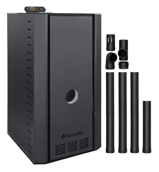 Pachet cazan pe peleti Fornello SERENA B, 25 kw, complet echipat cu pompa de circulatie, vas de expansiune, supapa siguranta, telecomanda, culoare Black, arzator fonta, kit evacuare 3.5 ml, pentru suprafete pana la 150 mp