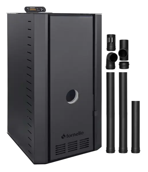 Pachet cazan pe peleti Fornello SERENA B, 25 kw, complet echipat cu pompa de circulatie, vas de expansiune, supapa siguranta, telecomanda, culoare Black, arzator fonta, kit evacuare 2.5 ml, pentru suprafete pana la 150 mp